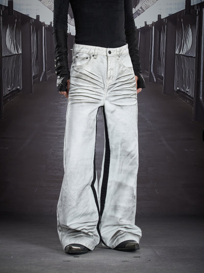 Hand Paint Whisker Honeycomb Wash Patchwork Straight Denim Jeans WN22907