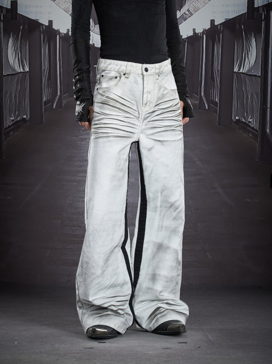 Hand Paint Whisker Honeycomb Wash Patchwork Straight Denim Jeans WN22907