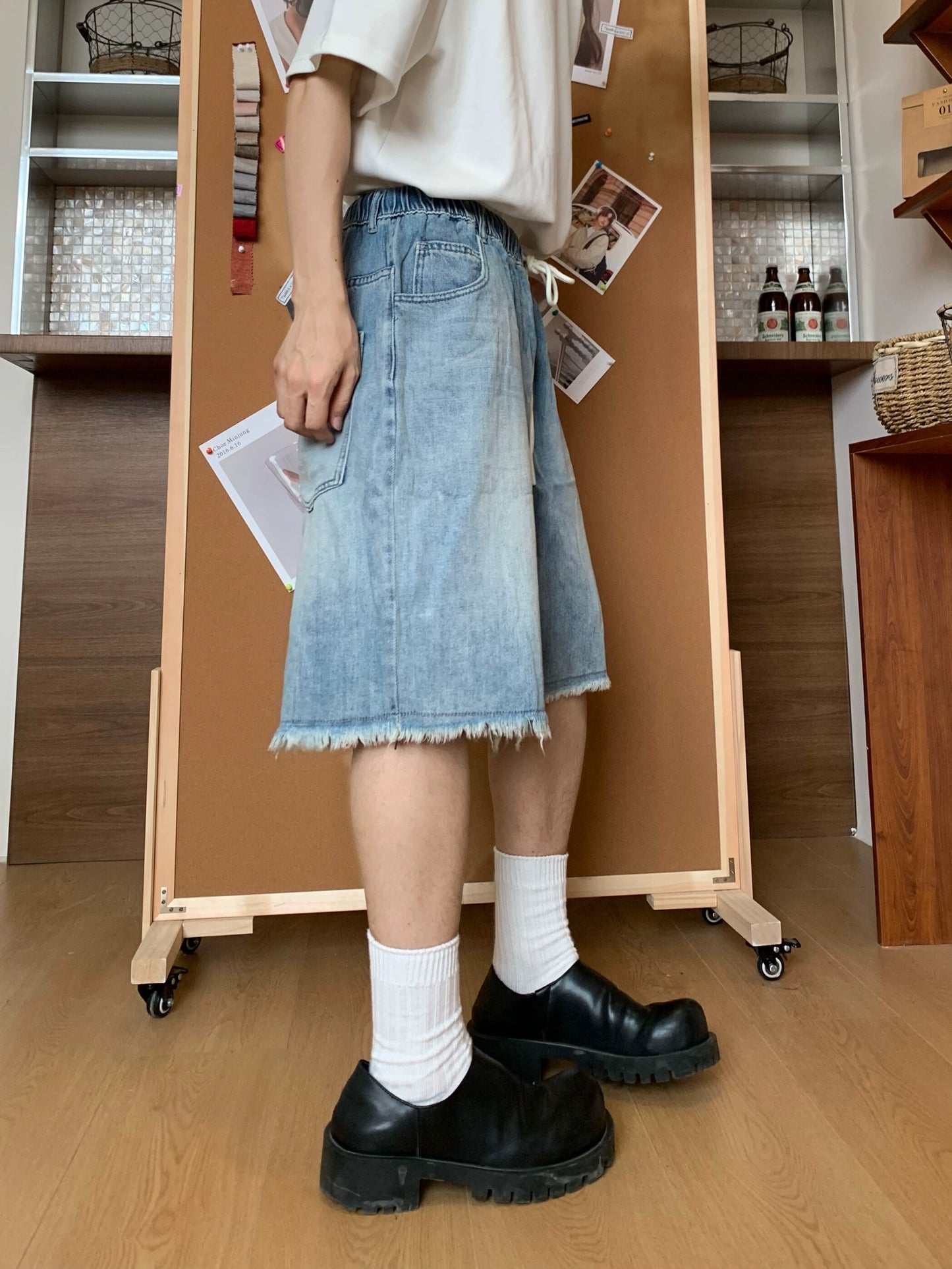 Washed Drawstring Denim Half Jeans WN19917