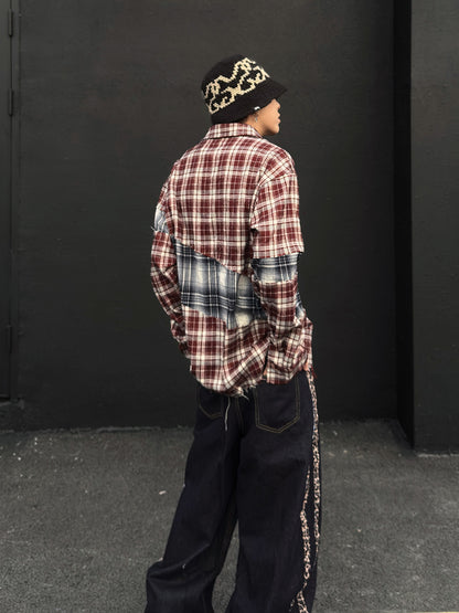 Patchwork Plaid Oversize Long Sleeve Shirt WN23026
