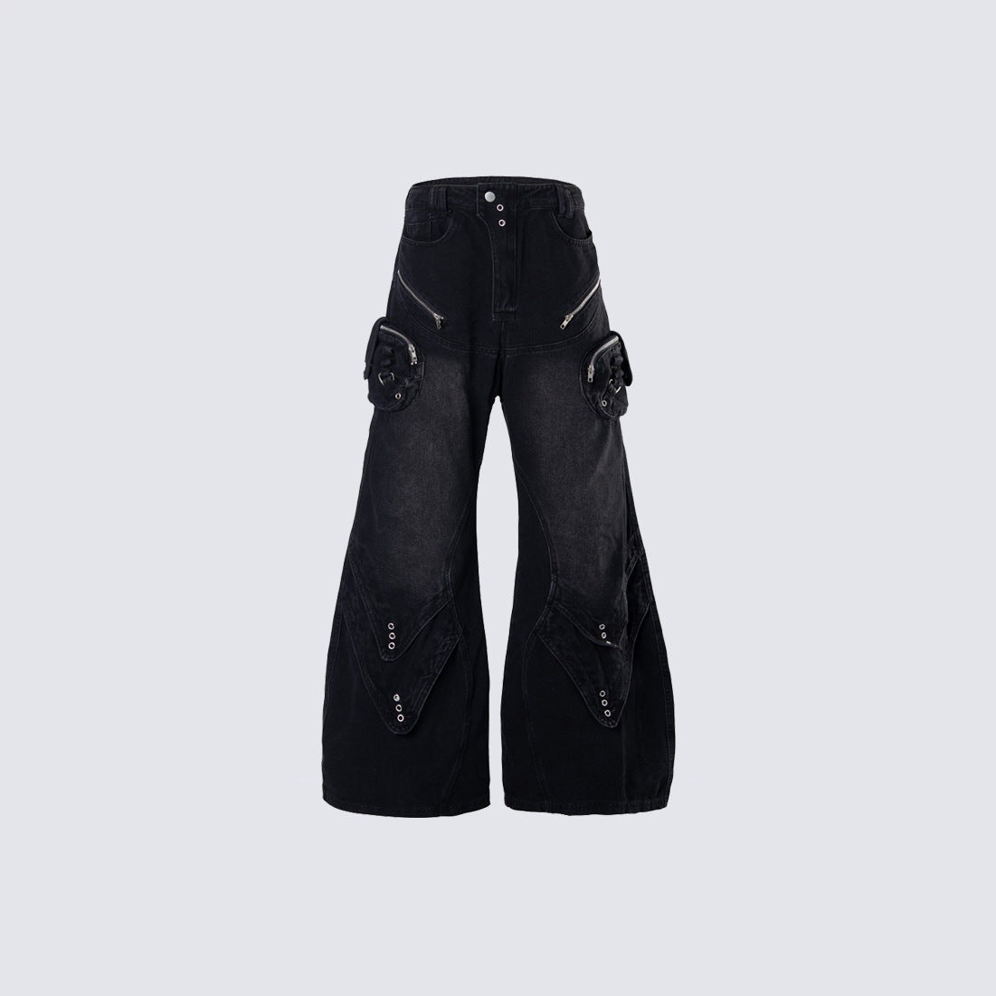 Bleached Damage Multi-Pocket Wide Leg Denim Jeans WN27797