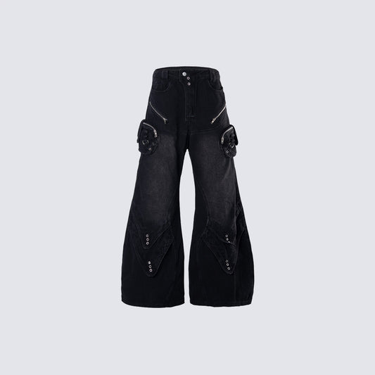 Bleached Damage Multi-Pocket Wide Leg Denim Jeans WN27797