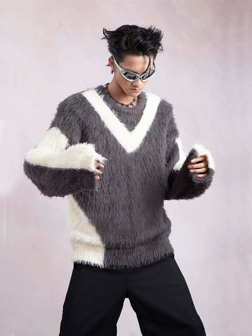 Fake Fur Colorblock Knit Sweater WN9318