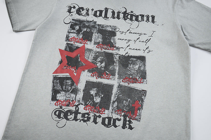 Washed Portrait Letter Print Short Sleeve T-Shirt WN25387