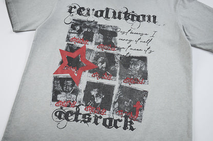 Washed Portrait Letter Print Short Sleeve T-Shirt WN25387