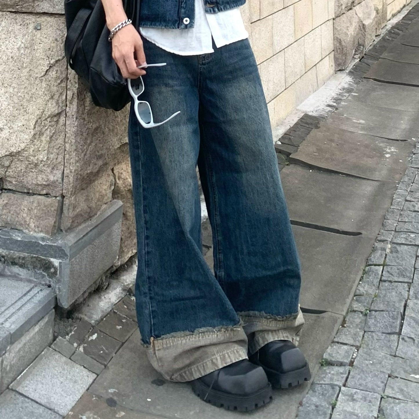 Patchwork Denim Short Sleeve Jacket & Wide Leg Denim Jeans Setup WN19803