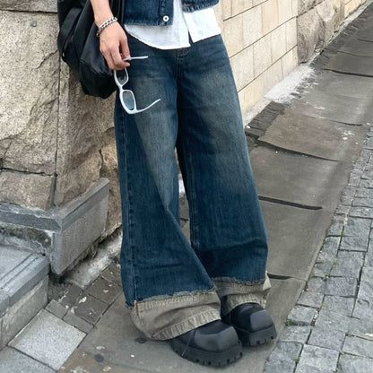 Patchwork Denim Short Sleeve Jacket & Wide Leg Denim Jeans Setup WN19803