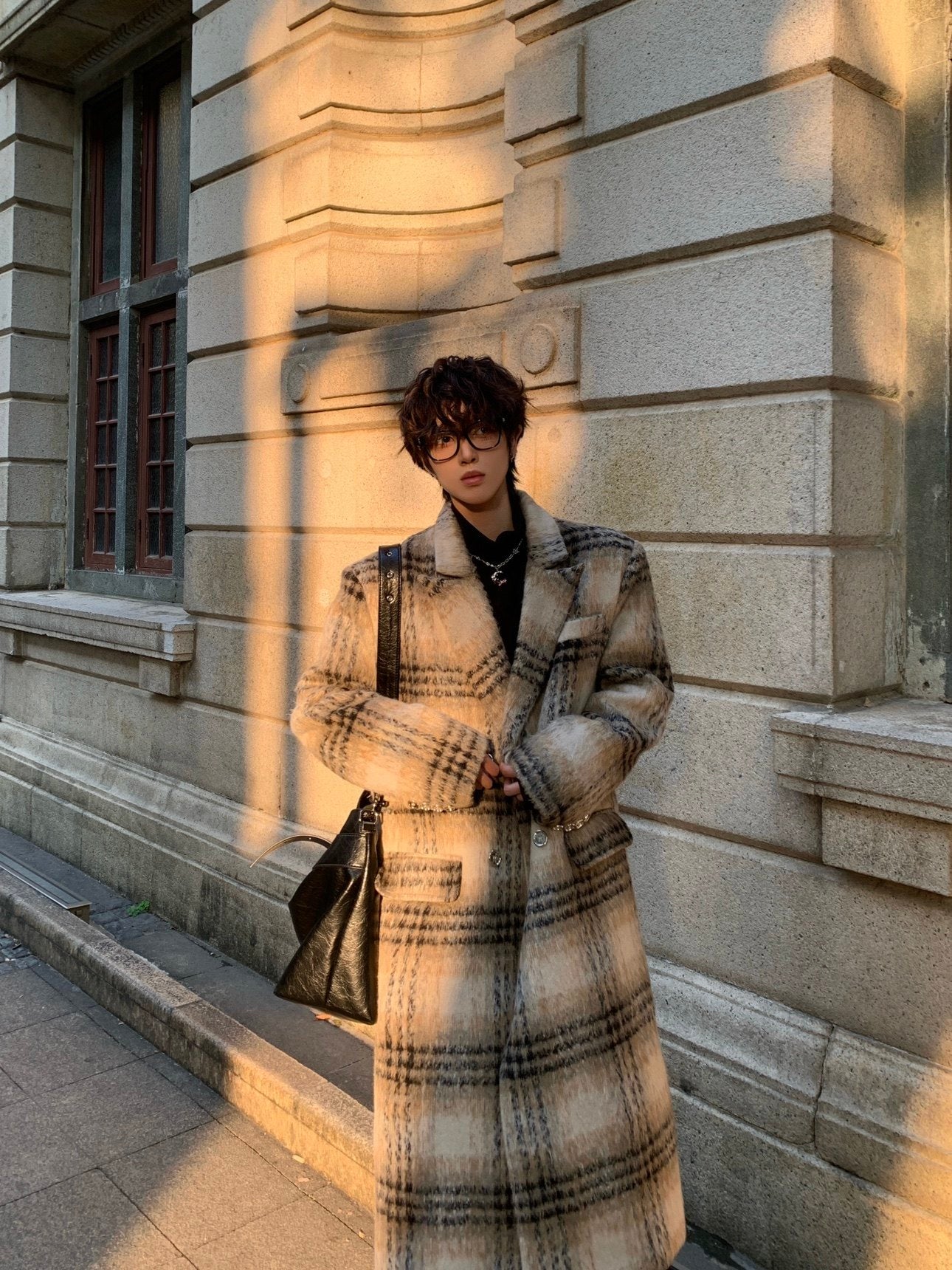 Korean Style Thick Wool Plaid Lapel Coat WN23180