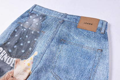 Washed 3D Character Print Wide Leg Denim Jeans WN25975