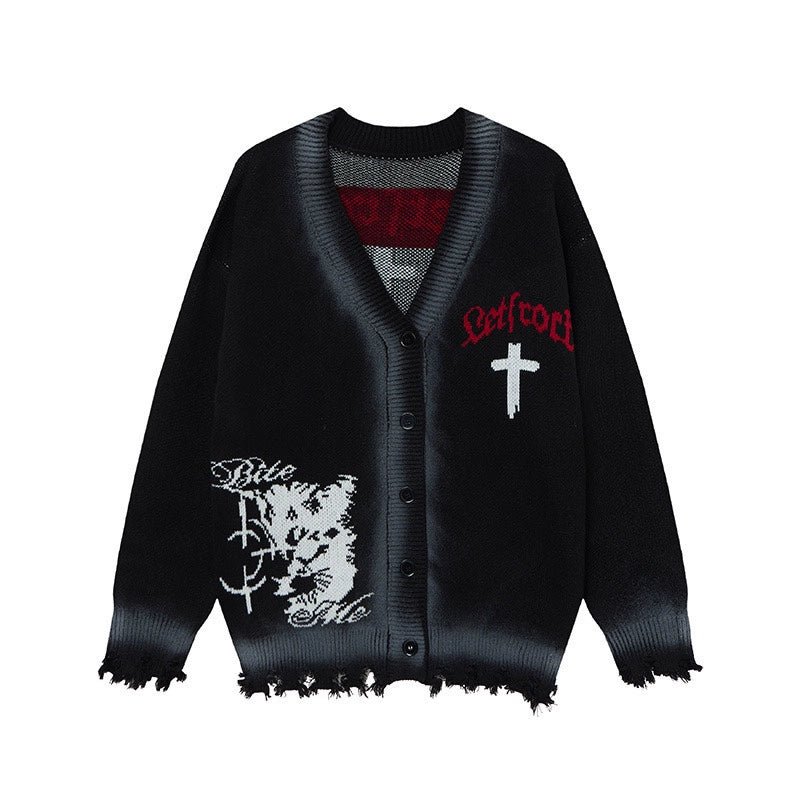 Spray Paint Zipper Damage Knit Cardigan WN21054