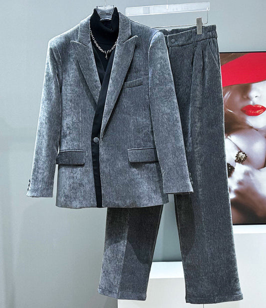 Corduroy Tailored Jacket & Wide-Leg Straight Trousers Setup WN23958