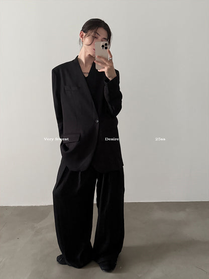 Shoulder-Pad V-Neck Tailored Jacket & Draping Wide-Leg Trousers Setup WN15292