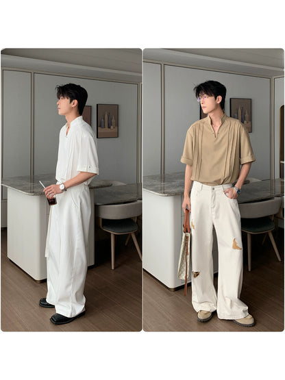 Standing Collar V-Neck Oversize Short Sleeve Polo Shirt WN20453