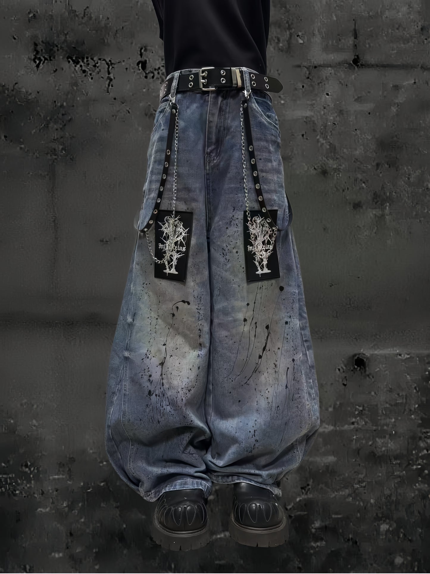 Paint Wash Damage Wide Leg Denim Jeans & Skull Belt & Belt Chain WN23803