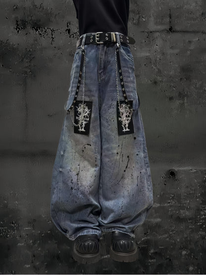 Paint Wash Damage Wide Leg Denim Jeans & Skull Belt & Belt Chain WN23803