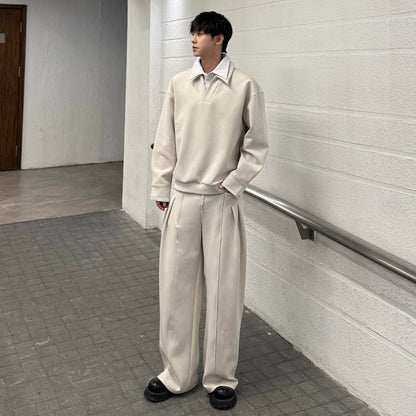 Fake Layered Striped-Collar Oversize Long Sleeve T-Shirt & Draped Wide Leg Pants Setup WN25224