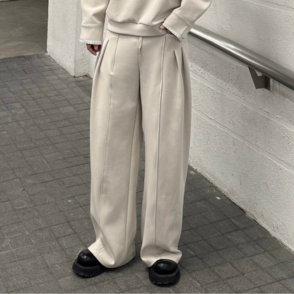 Fake Layered Striped-Collar Oversize Long Sleeve T-Shirt & Draped Wide Leg Pants Setup WN25224