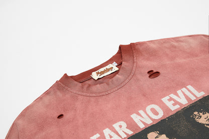 Washed Damage Portrait Print Short Sleeve T-Shirt WN25489
