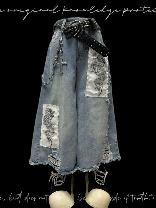 Patchwork Design Wide Leg Denim Half Jeans & Belt & Chain WN20112