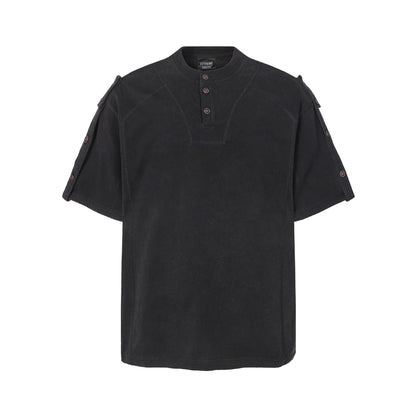 Semi-Open Collar Washed Short Sleeve T-Shirt WN25641