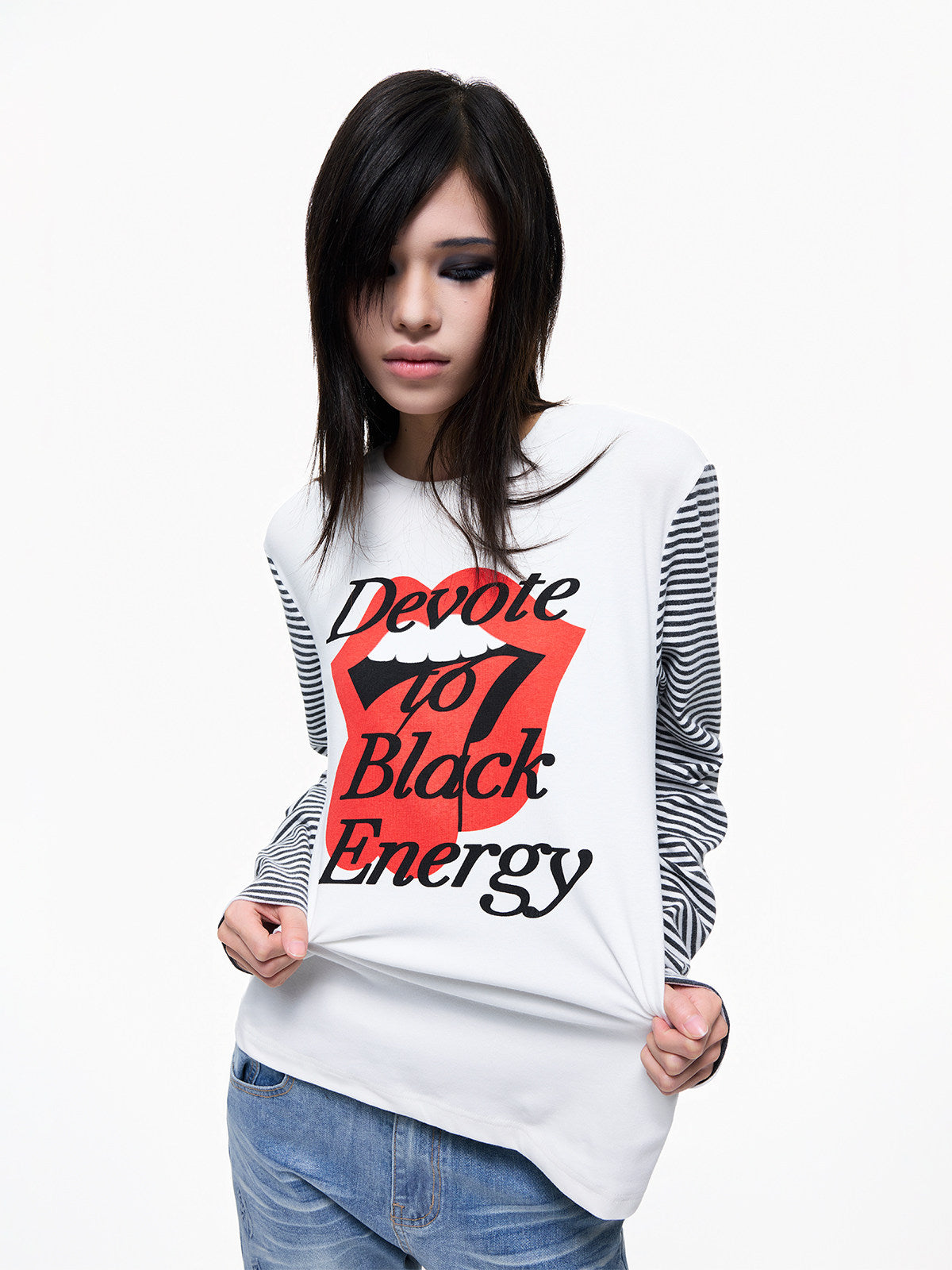 Stripe Panel Raglan Sleeve Print Long Sleeve T-Shirt WN27369