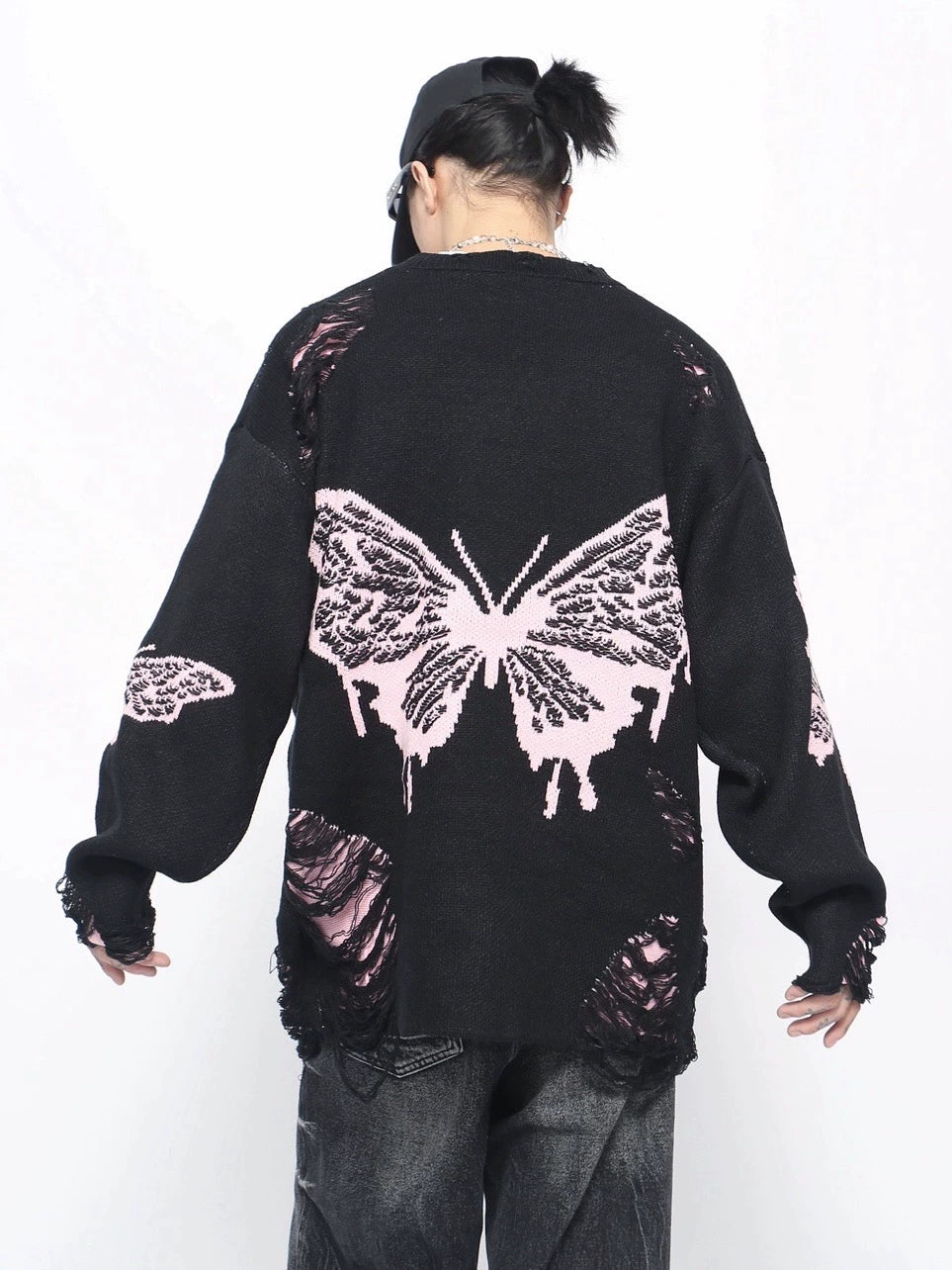 Butterfly Damage Oversize Knit Sweater WN10901