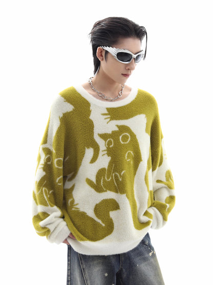 Cat Design Shaggy Knit Sweater WN10348