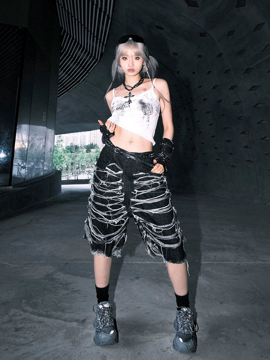 Heavy Washed Cut Denim Half Jeans WN17029