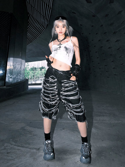 Heavy Washed Cut Denim Half Jeans WN17029