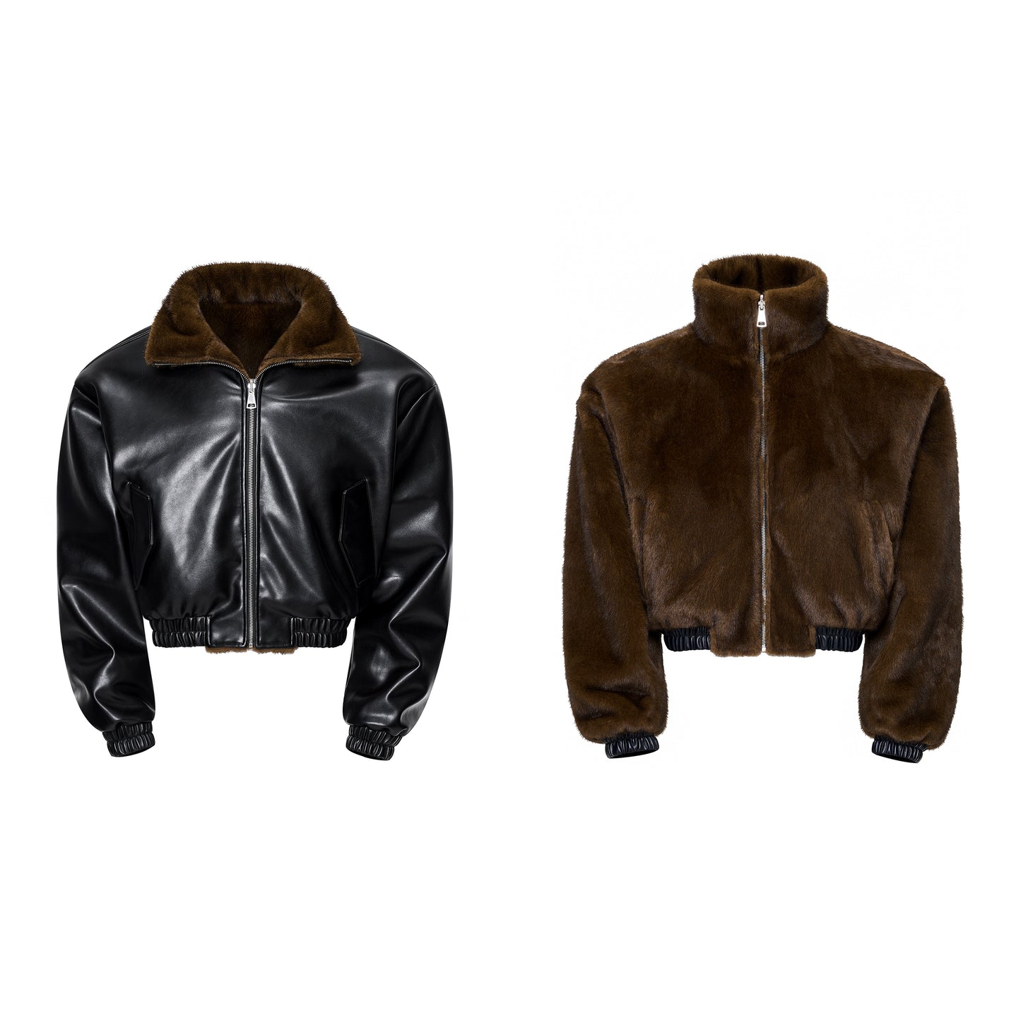 Reversible Fake Fur Stand Neck PU Leather Jacket & Pants Setup WN21827