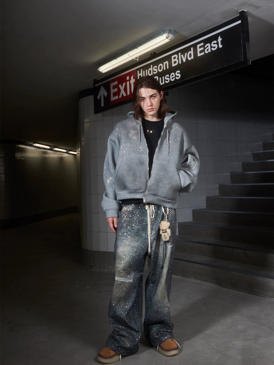 Washed Rhinestone Oversize Zipper Hoodie WN13261