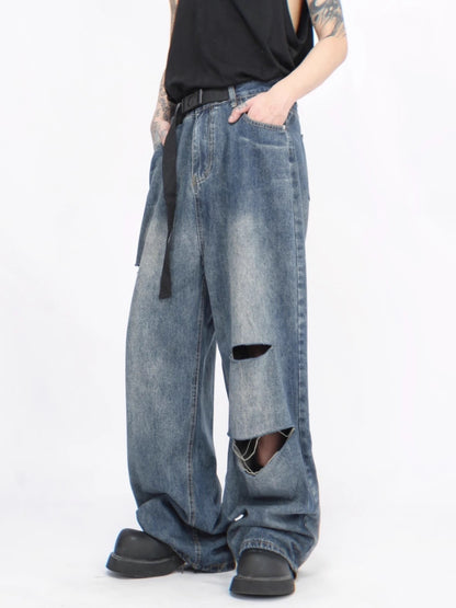 Washed Knife Cut Wide-Leg Straight Denim Jeans WN6943