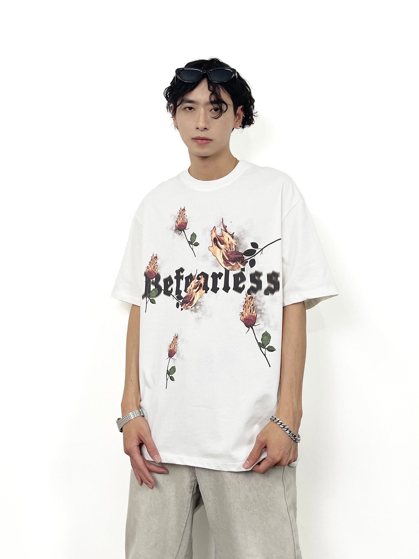 Flame Rose Print Short Sleeve T-Shirt WN24261