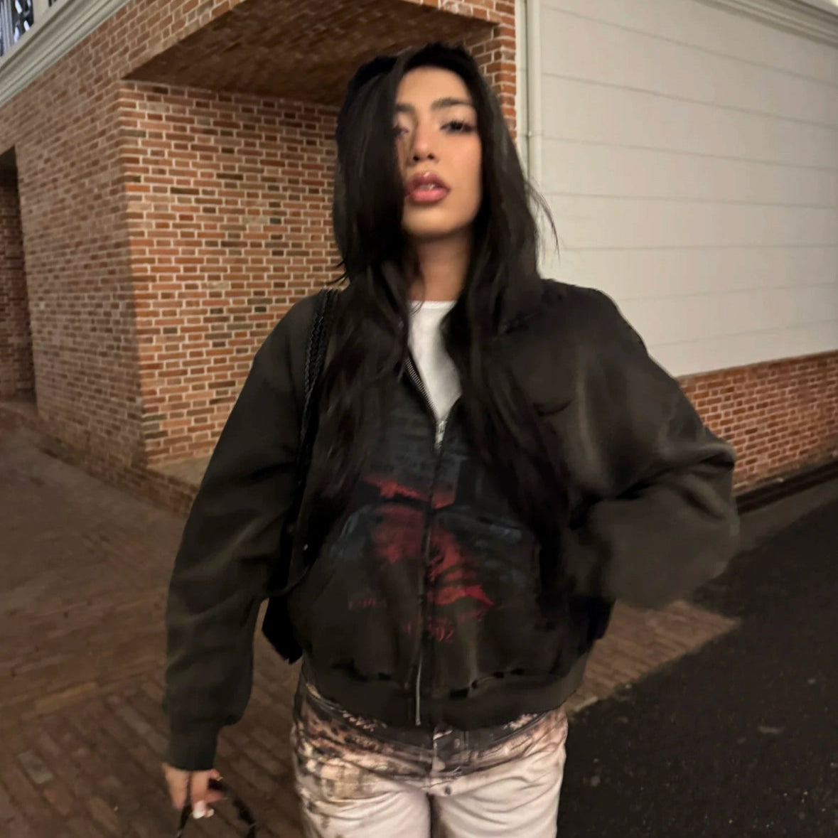 Damage Print Oversize Zipper Hoodie WN19718