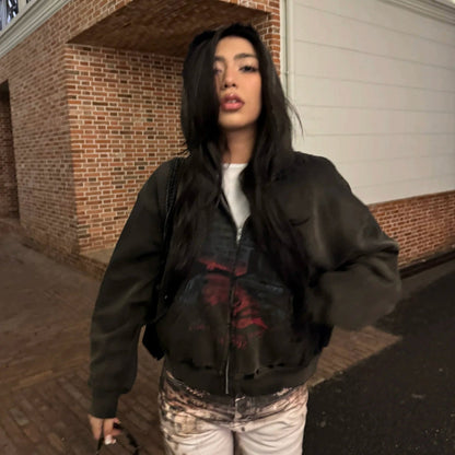 Damage Print Oversize Zipper Hoodie WN19718