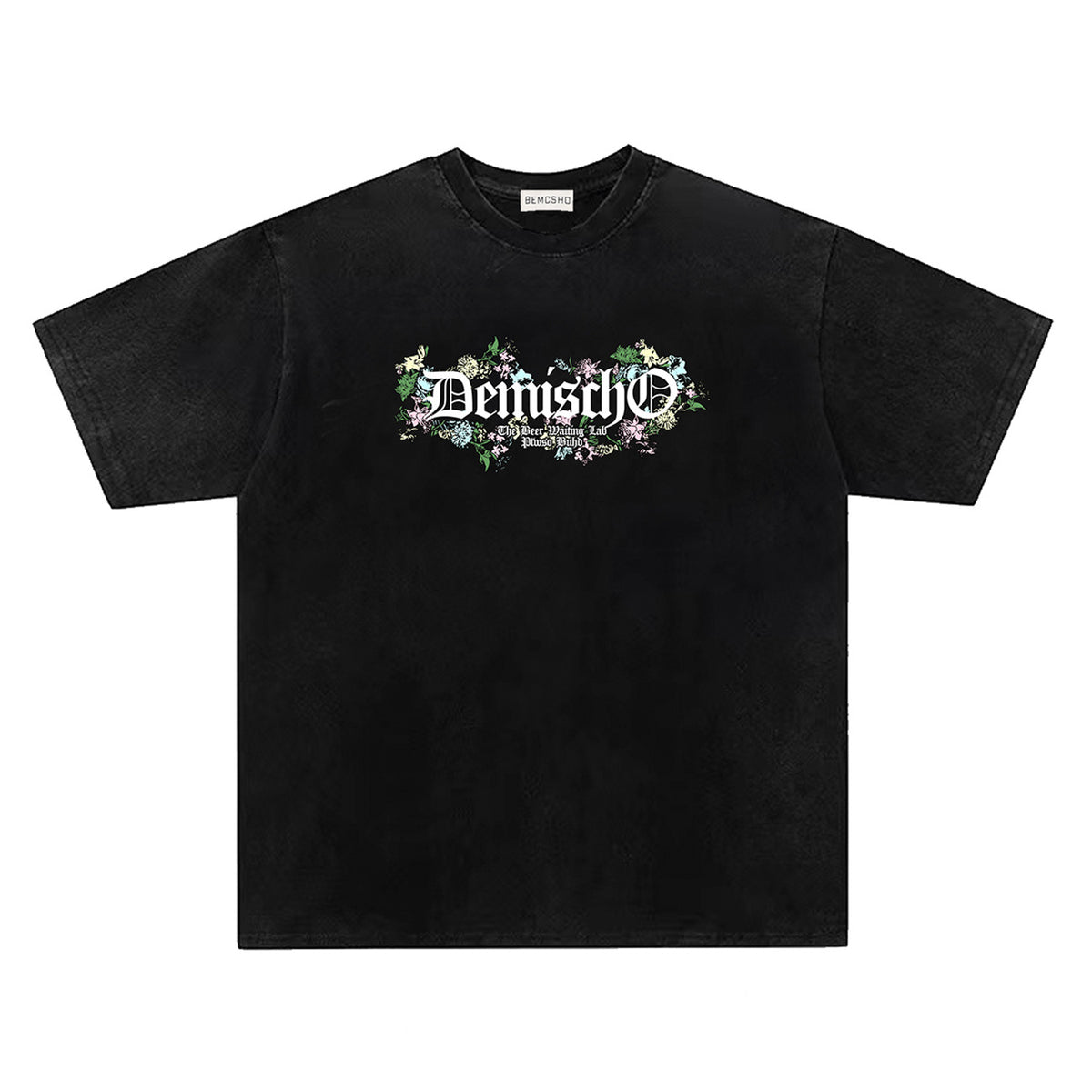 Washed Gothic Letter Floral Wreath Print Short Sleeve T-Shirt WN26844