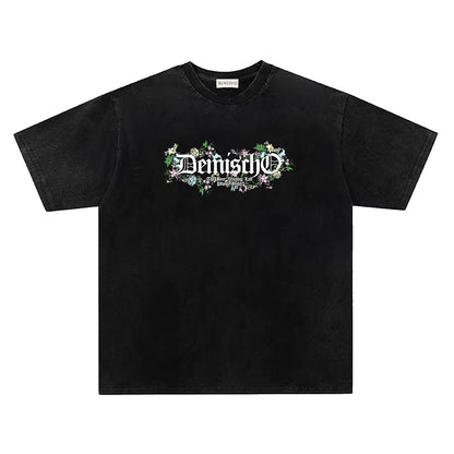 Washed Gothic Letter Floral Wreath Print Short Sleeve T-Shirt WN26844