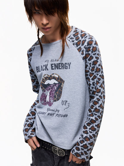 Waffle Leopard Patchwork Print Long Sleeve T-Shirt WN27348