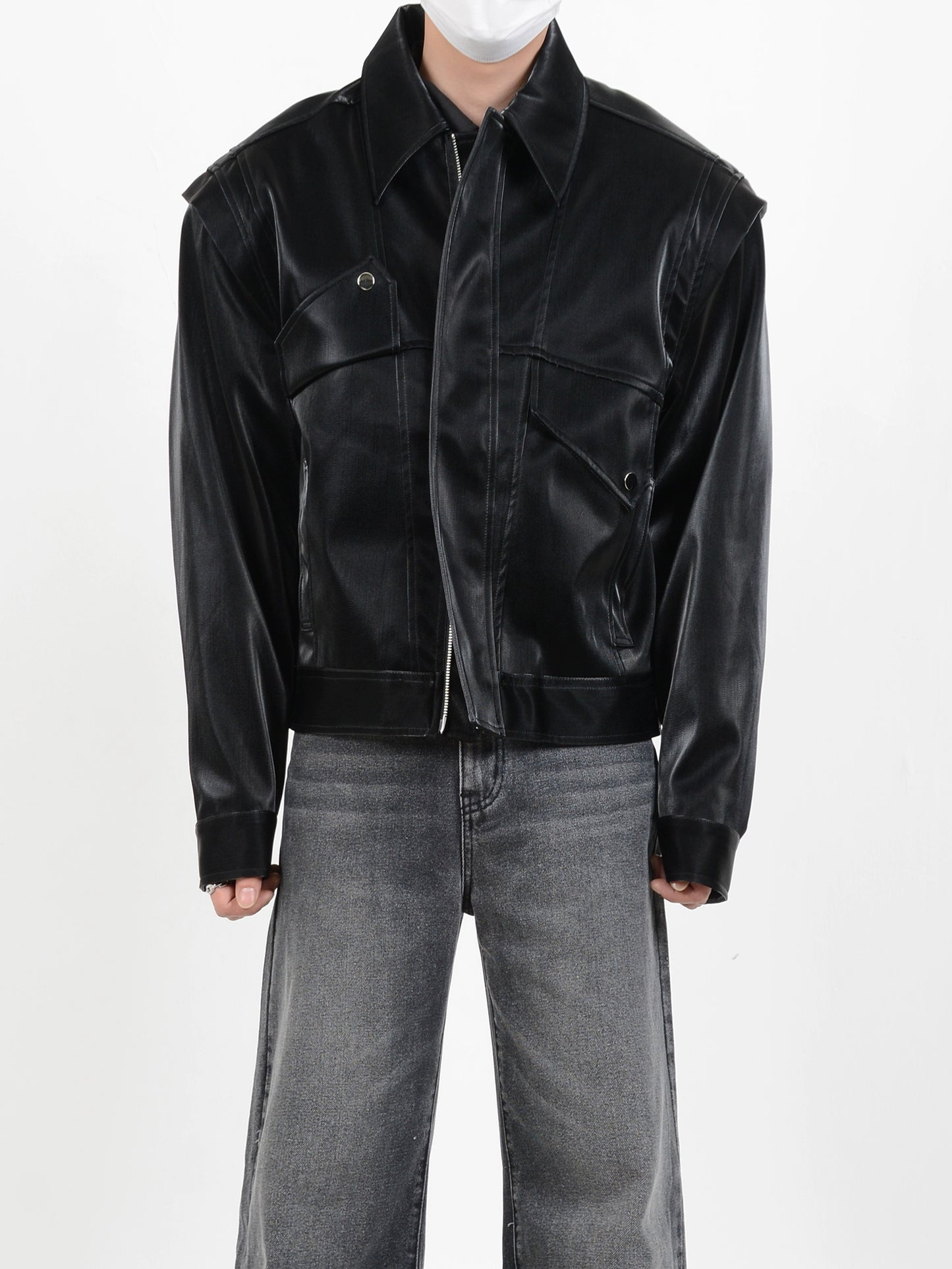 Metal Design Shoulder Pad PU Leather Jacket WN5114