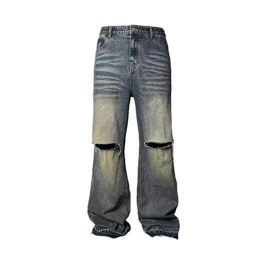 Water Wash Damage Wide Leg Denim Jeans WN8530