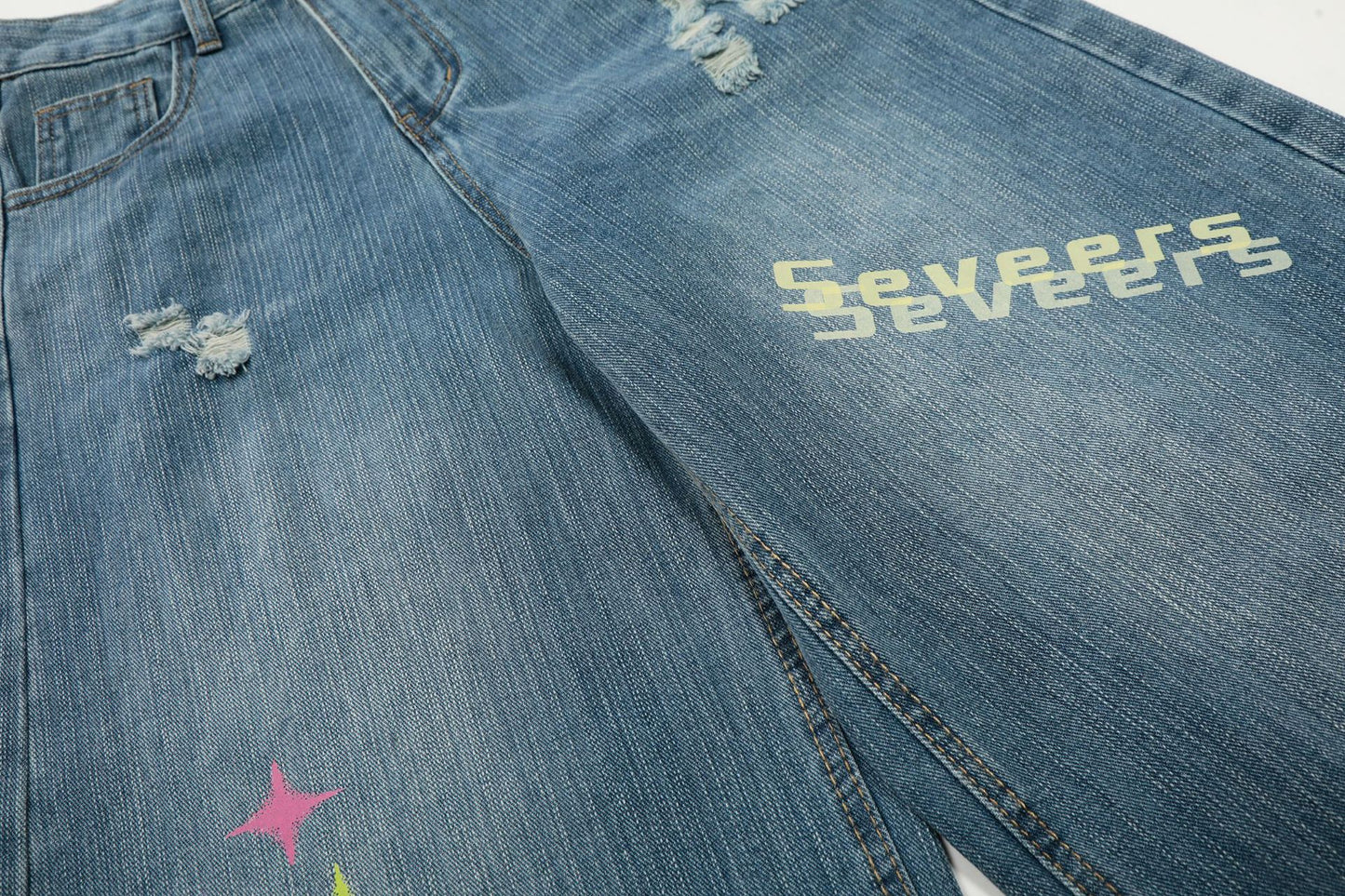 Star Heart Print Curved Wide Leg Denim Jeans WN25731