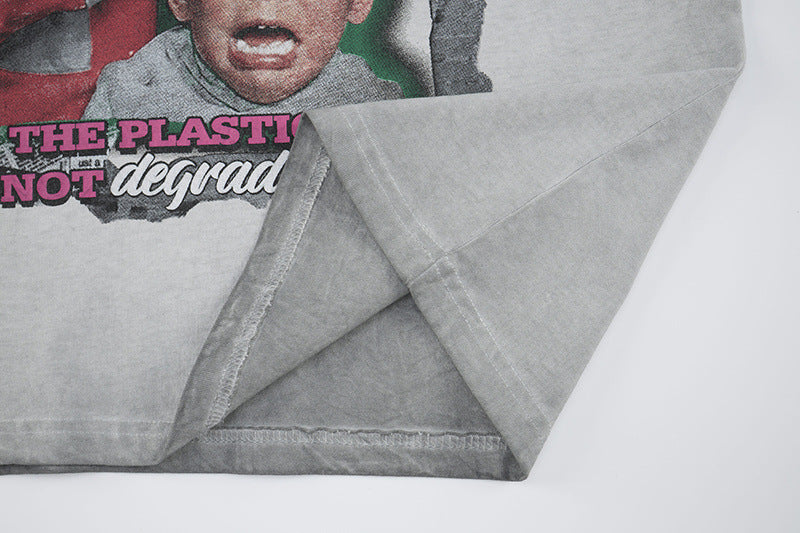 Washed Portrait Letter Print Short Sleeve T-Shirt WN25764