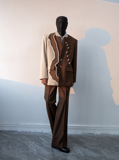 Brushed Color Block Oversize Tailored Jacket & Wide Leg Trousers Setup WN23649