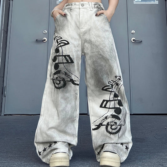 Washed Dirty Print Damage Wide Leg Denim Jeans WN24205