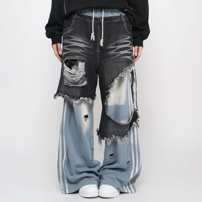 Damage Hole Fake Layered Stripe Sweatpants WN21052