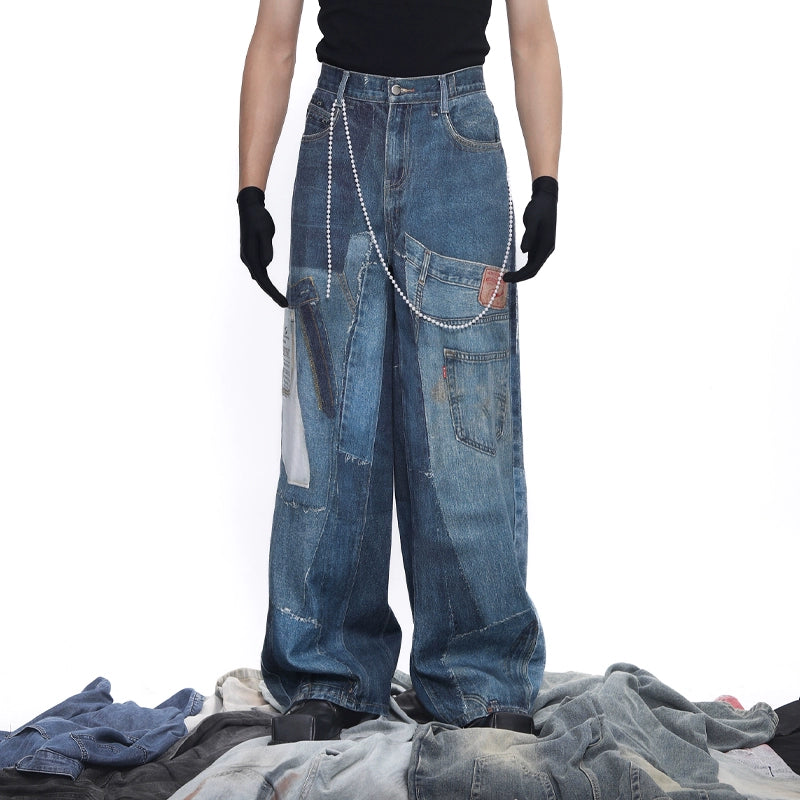 Patch 3D Print Color Block Wide Leg Denim Jeans WN18683