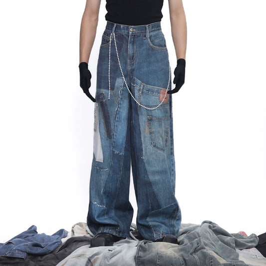 Patch 3D Print Color Block Wide Leg Denim Jeans WN18683