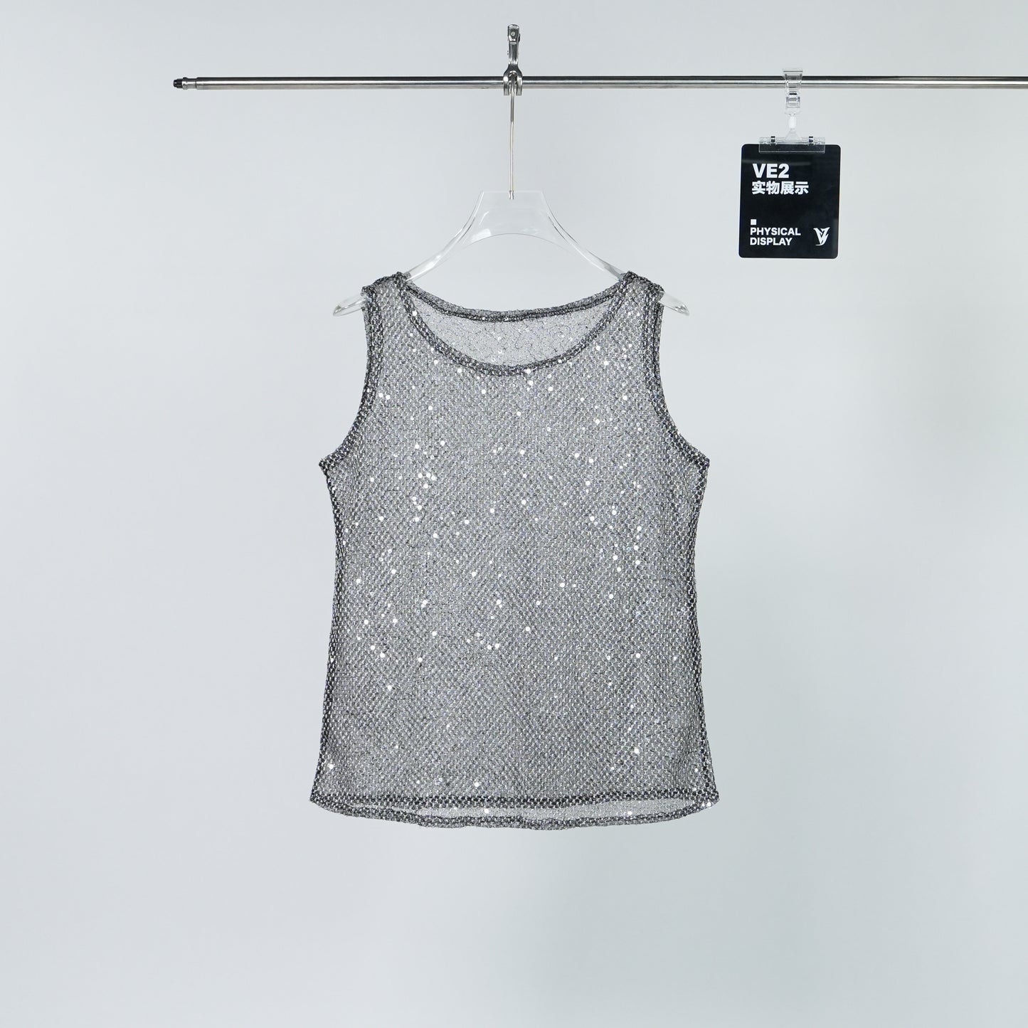 Rhinestone Mesh Sleeveless T-Shirt WN24316