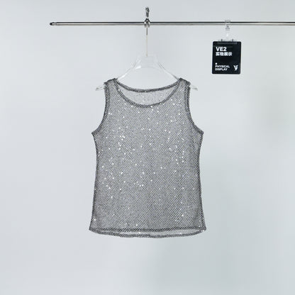 Rhinestone Mesh Sleeveless T-Shirt WN24316