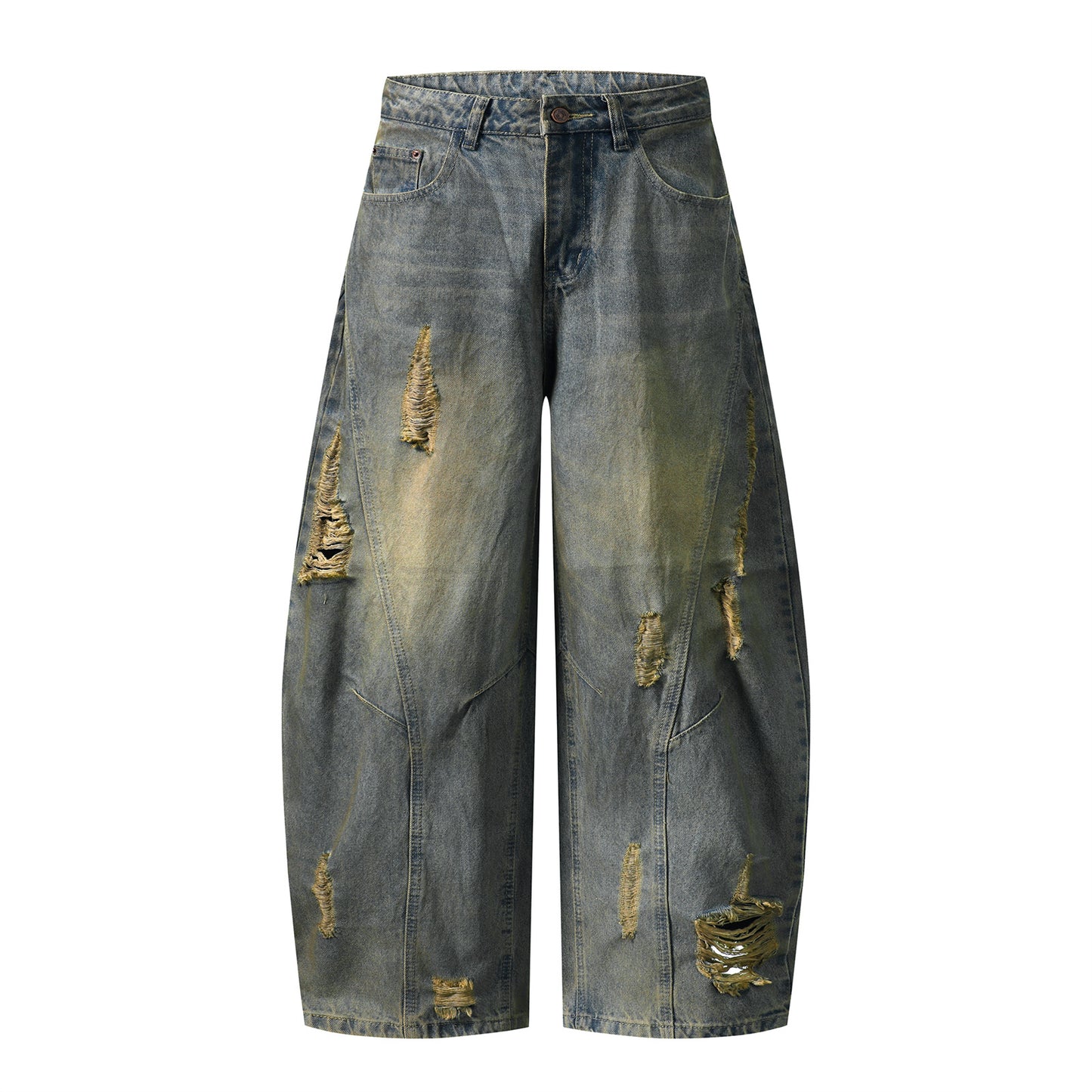 Washed Paint Splatter Ripped Curved Leg Denim Jeans WN26825